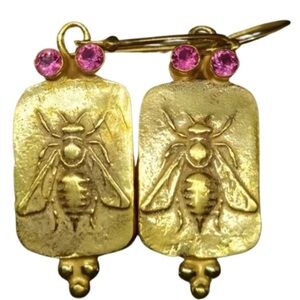 Hammered Bumble Bee Gold Color Shield Earrings CZ Rose Diamonds French Hooks New